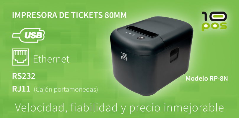 Impresora de Tickets de 80mm, USB, Ethernet Autocorte, cajón