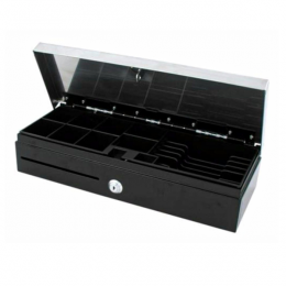 Cajón portamonedas negro + INOX, 460 mm, apertura vertical conexión RJ11 (Impresora de ticket)